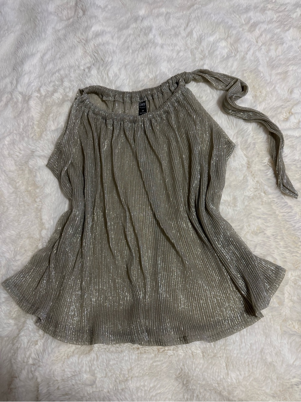 Metallic Taupe Off-Shoulder Pleated Blouse with Tie